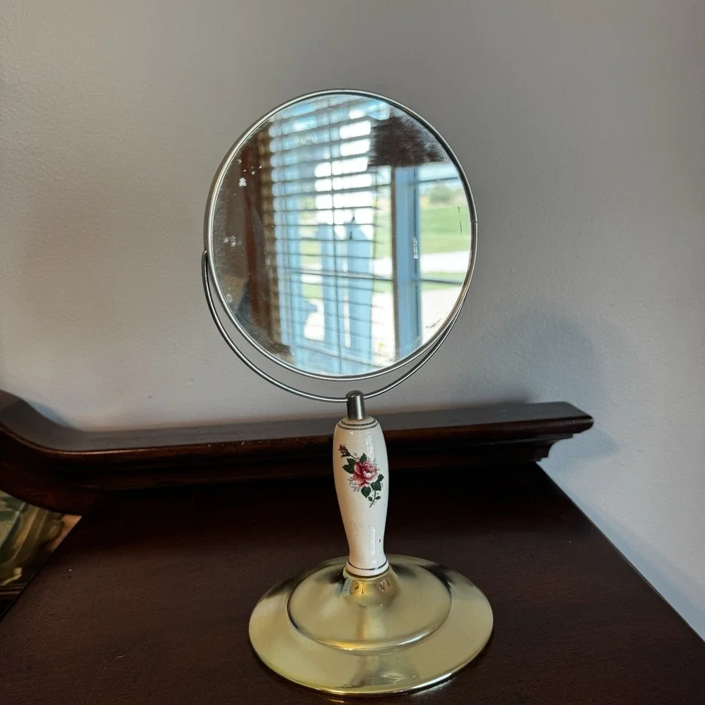 Vintage Two Sided Pedestal Mirror Ceramic Metal 11.75